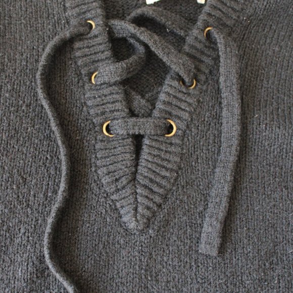 Black Knit Hoodie With Lace Up Neckline - Picture 3 of 7